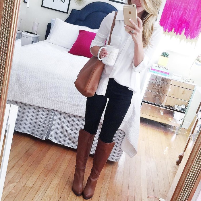 Simple White Top and Brown Boots via @brightonkeller