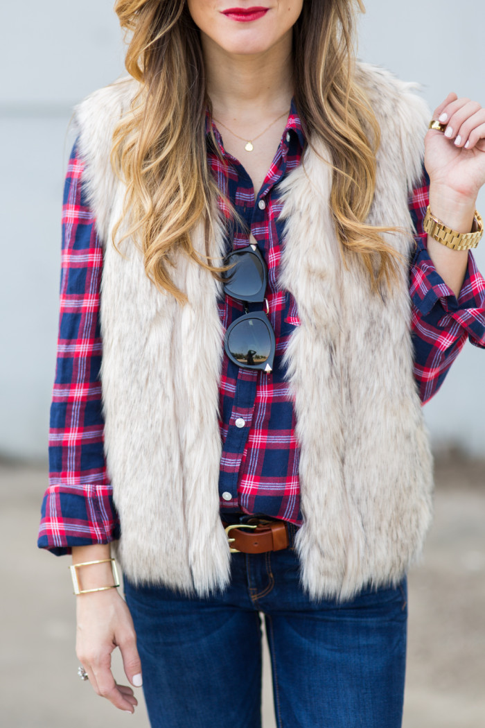 blue and red plaid flannel shirt and faux fur vest with red lips and denim
