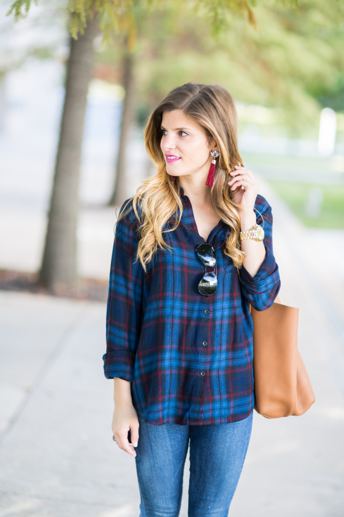 Fall Plaid Shirt outfit with baublebar burgundy tassel drop earrings and jeans 