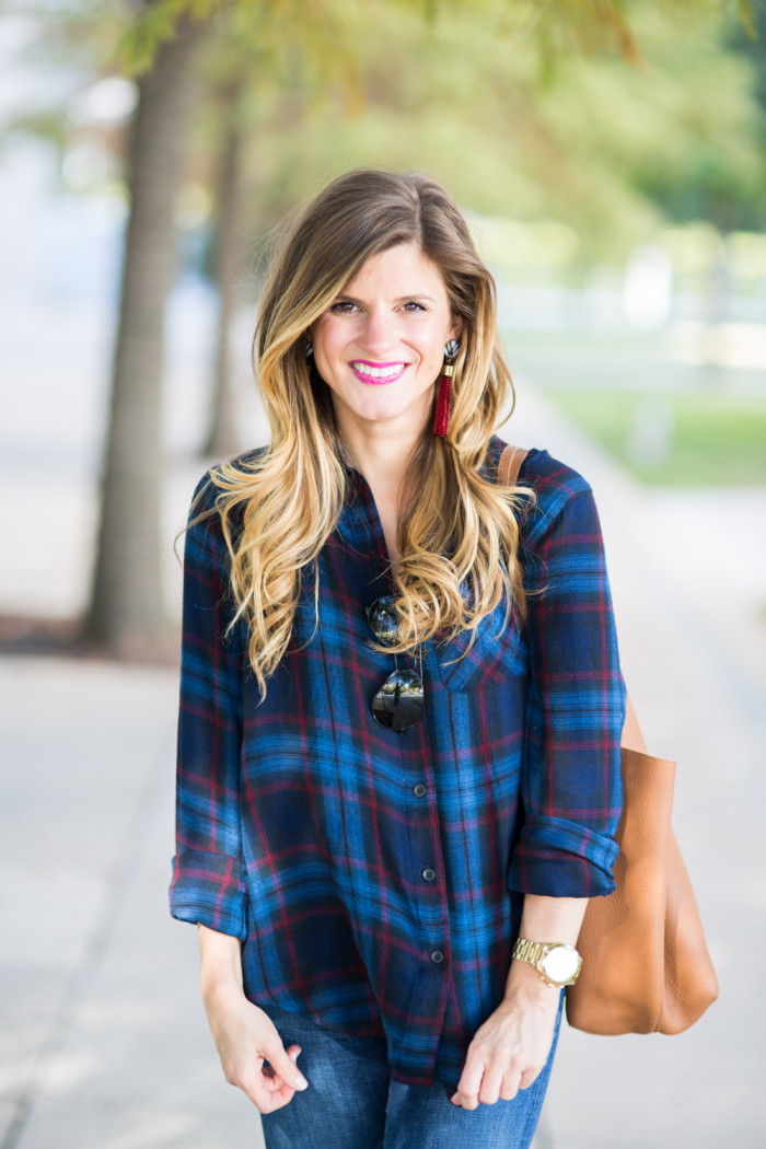 Fall Plaid Shirt outfit with baublebar burgundy tassel drop earrings and jeans 
