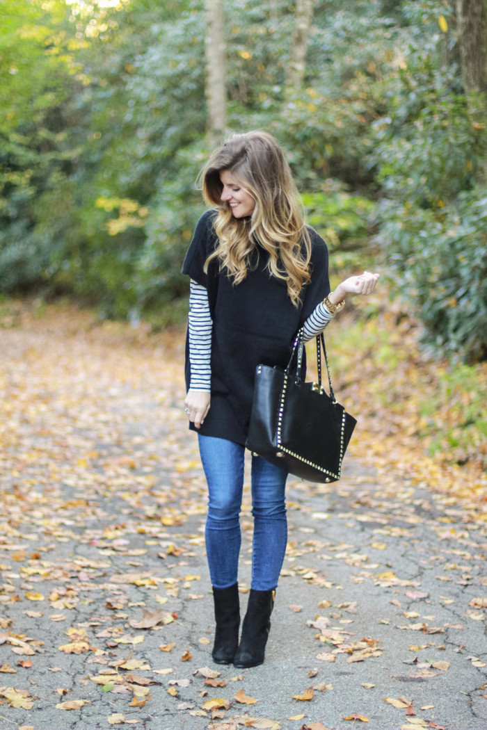 Black Tunic layered over striped turtleneck, Valentino black bag fall outfit