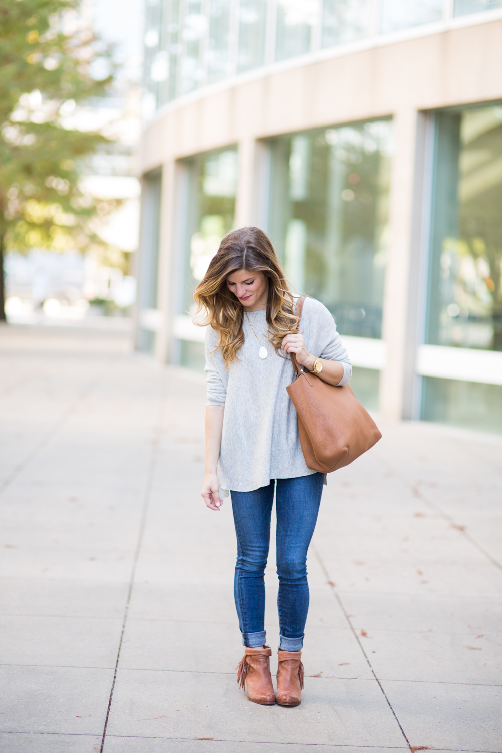 Simple Grey Sweater outfit with cognac booties and tote