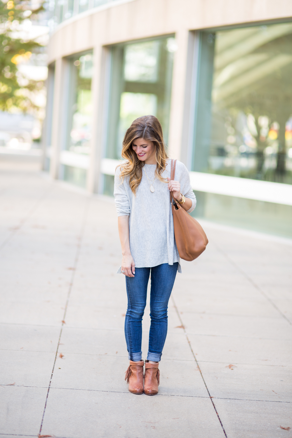 Simple Grey Sweater outfit with cognac booties and tote