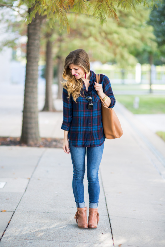 Fall Plaid Shirt outfit with burgundy baublebar earrings and jeans and cognac booties