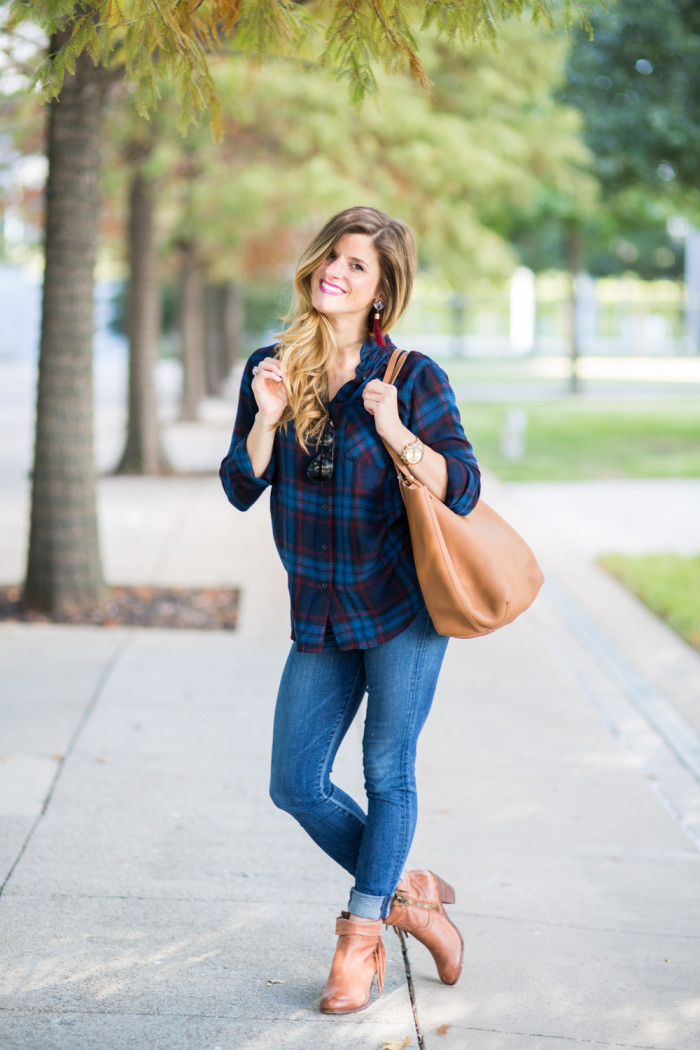 Fall Plaid Shirt outfit with burgundy baublebar earrings and jeans and cognac booties