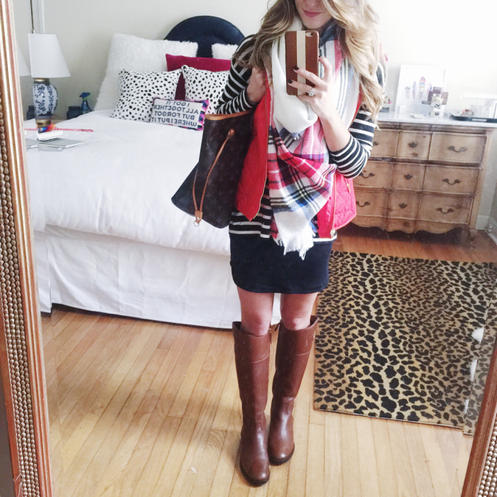 puffer vest with blanket scarf, skirt and riding boots outfit
