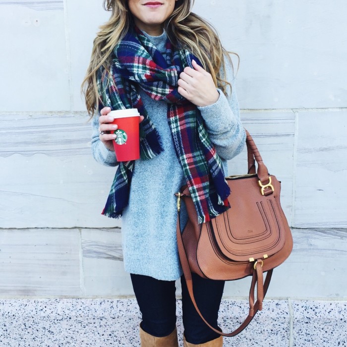 winter outfit idea: grey mock turtleneck, plaid scarf, black jeans, chloe bag