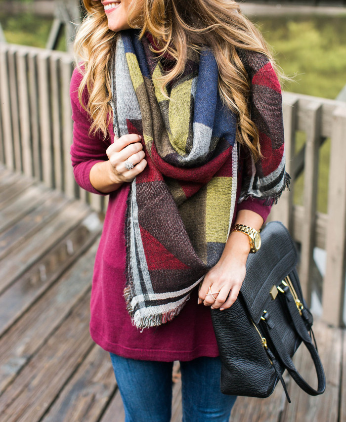 fall outfit with blanket scarf, burgundy turtleneck, and jeans