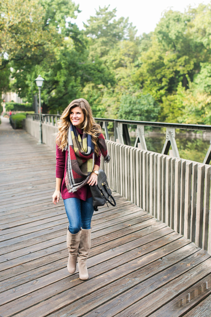 blanket scarf fall outfit with burgundy turtleneck and tall suede boots