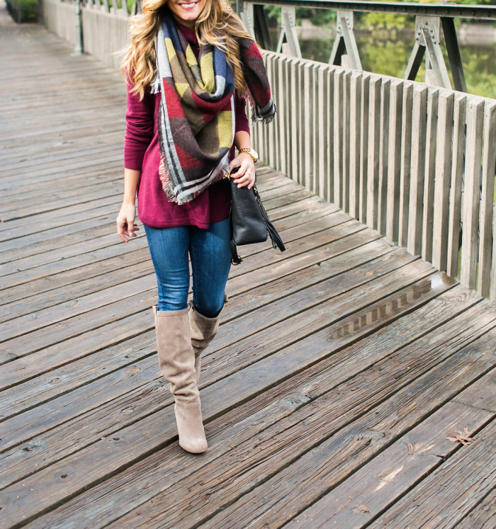 blanket scarf fall outfit with burgundy turtleneck and tall suede boots