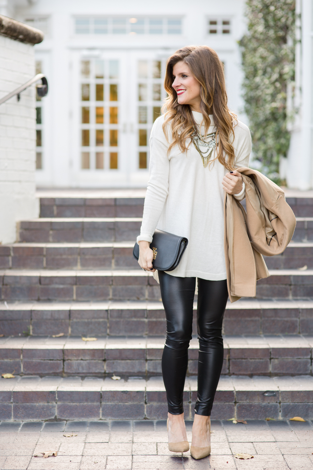 date night outfit with leather leggings and turtleneck