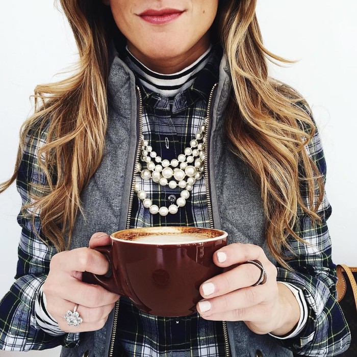 Striped turtleneck and plaid and vest with pearls