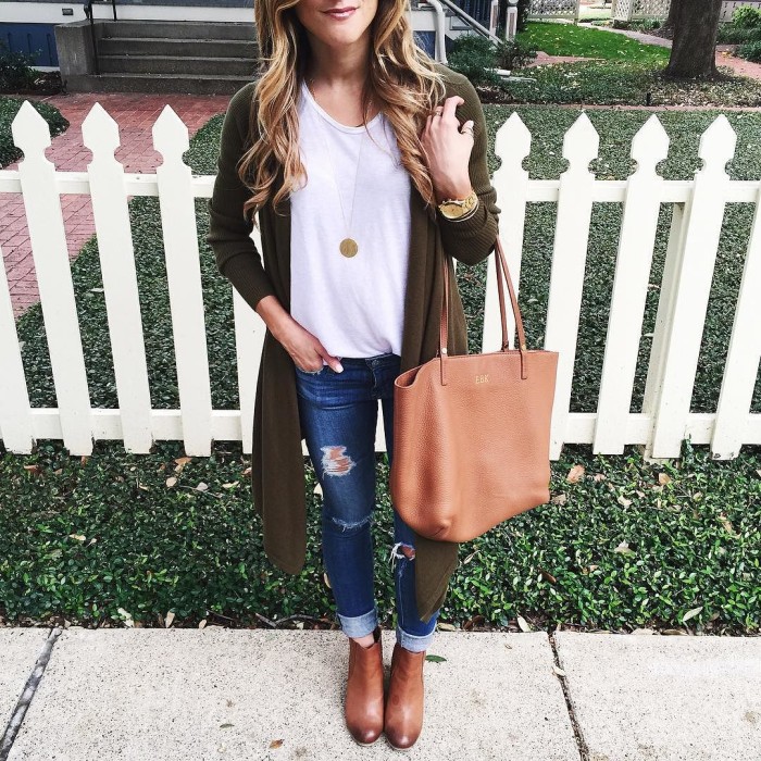 long cardigan and white tee