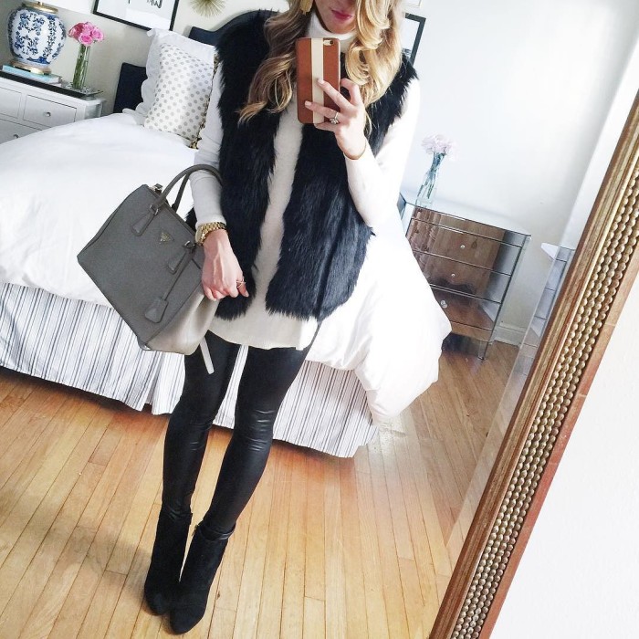 mirror selfie outfit for date night, faux fur vest, faux leather leggings