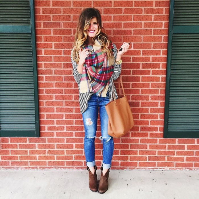 mixing prints outfit plaid blanket scarf and striped tee