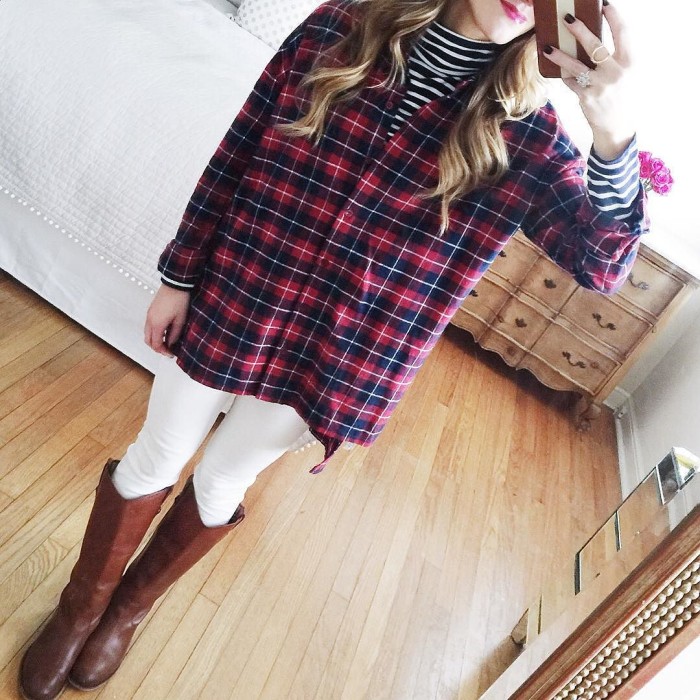 mixing prints stripe turtleneck and plaid shirt white jeans riding boots