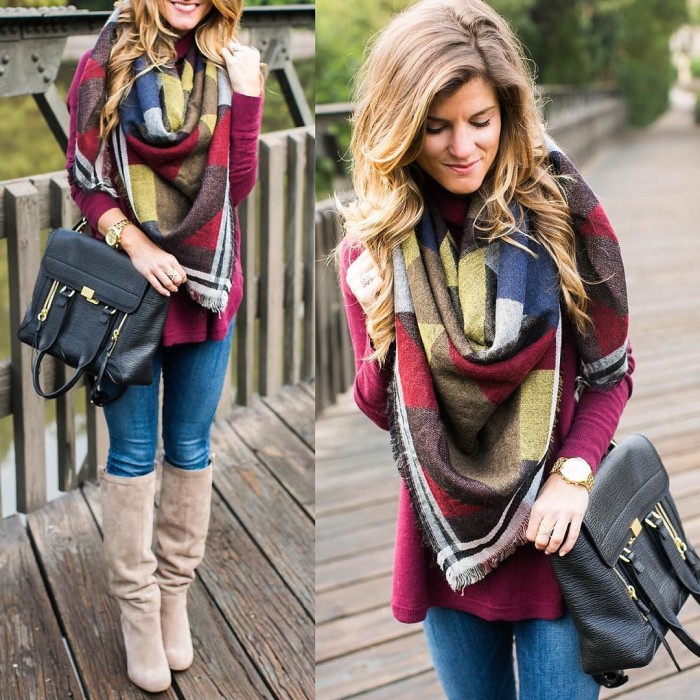 blanket scarf and turtleneck and tall boots