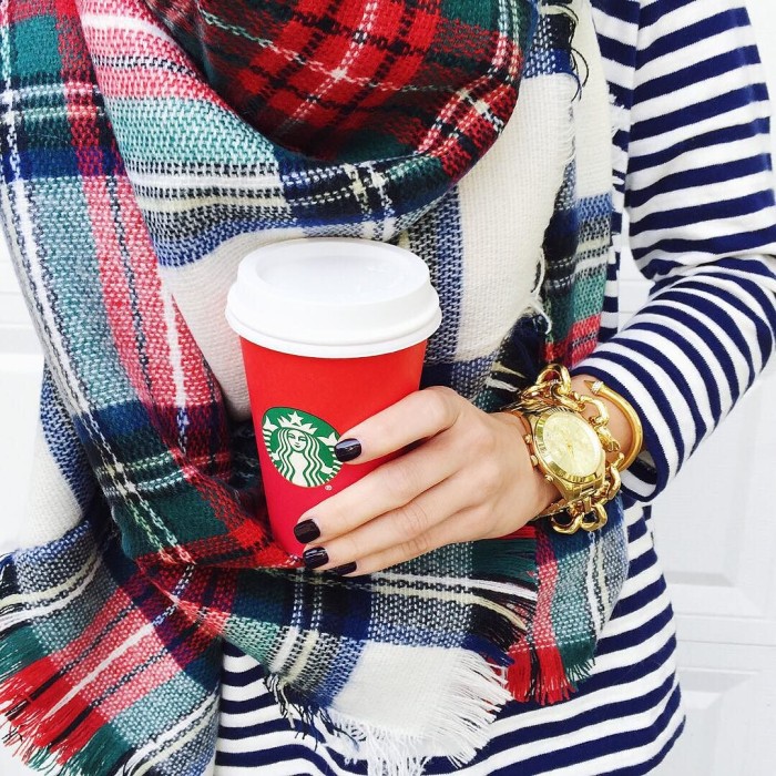 red and blue plaid blanket scarf and stripes
