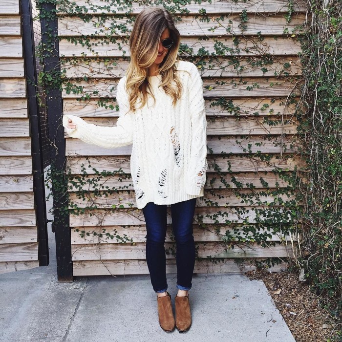oversized comfy sweater jeans and booties