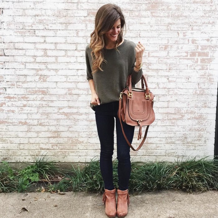 causal everyday outfit with olive sweater and cognac accents