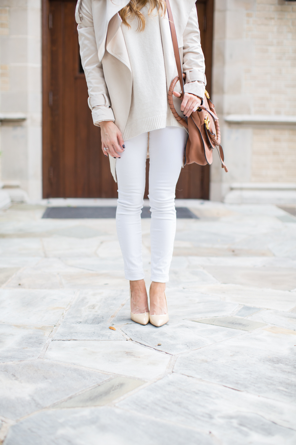 Winter White Look with white jeans cream sweater chloe bag nude patent pumps, winter white outfit, chloe marcie bag in tan, white jeans outfit in winter, tone on tone outfit, all white winter outfit