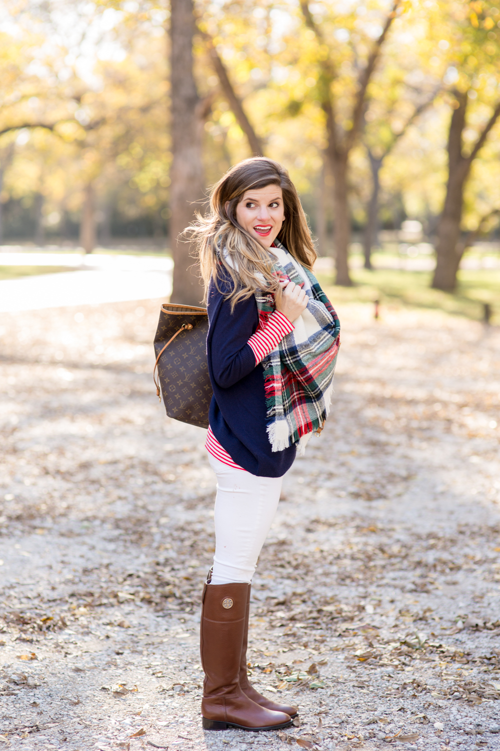 plaid scarf outfit with tory burch riding boots riding boots
