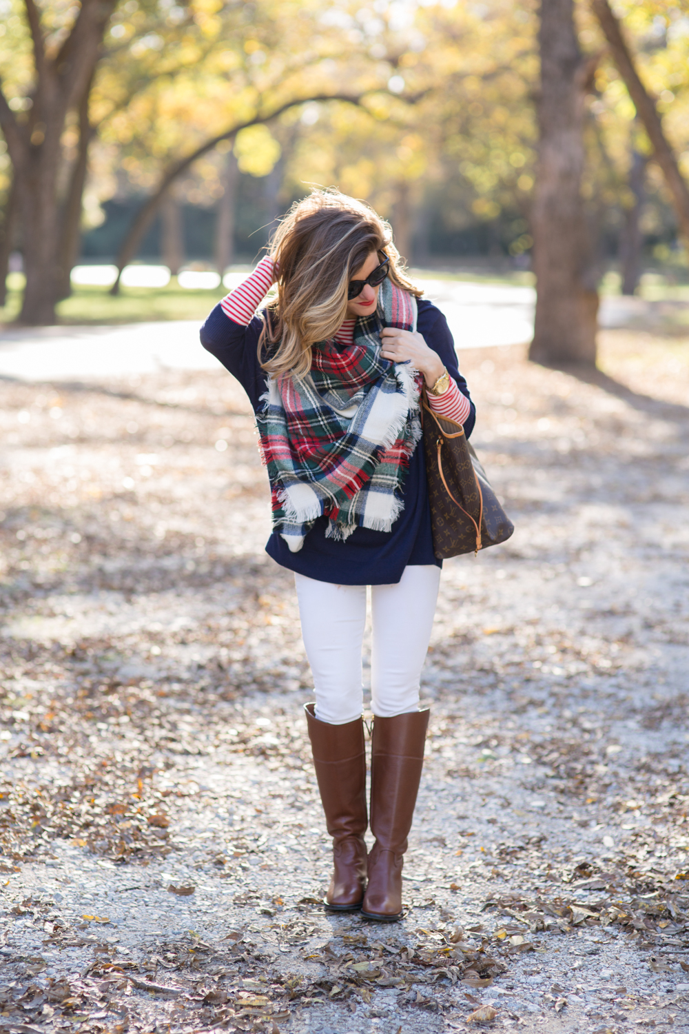 blanket scarf with riding boots, white jeans, tory burch riding boots outfit, plaid scarf outfit