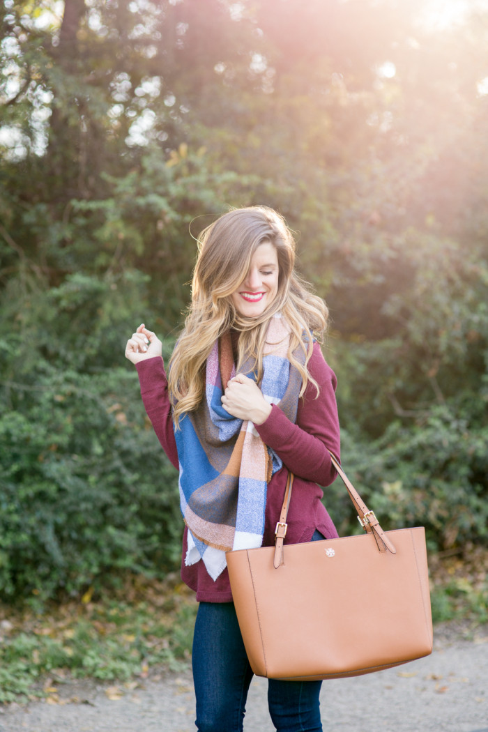 blanket scarf with burgundy sweater and tory burch york tote