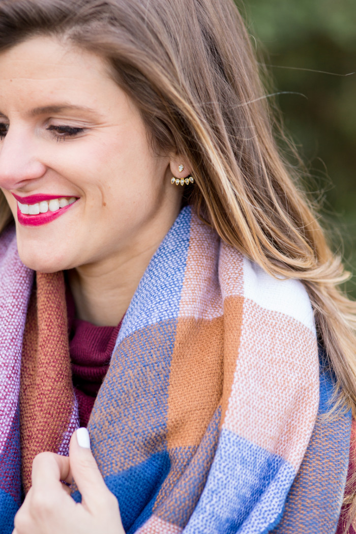 oversized plaid blanket scarf with burgundy sweater and ugg charlee booties