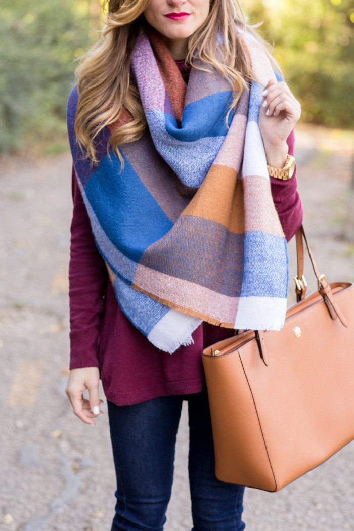 oversized plaid blanket scarf with burgundy sweater and ugg charlee booties