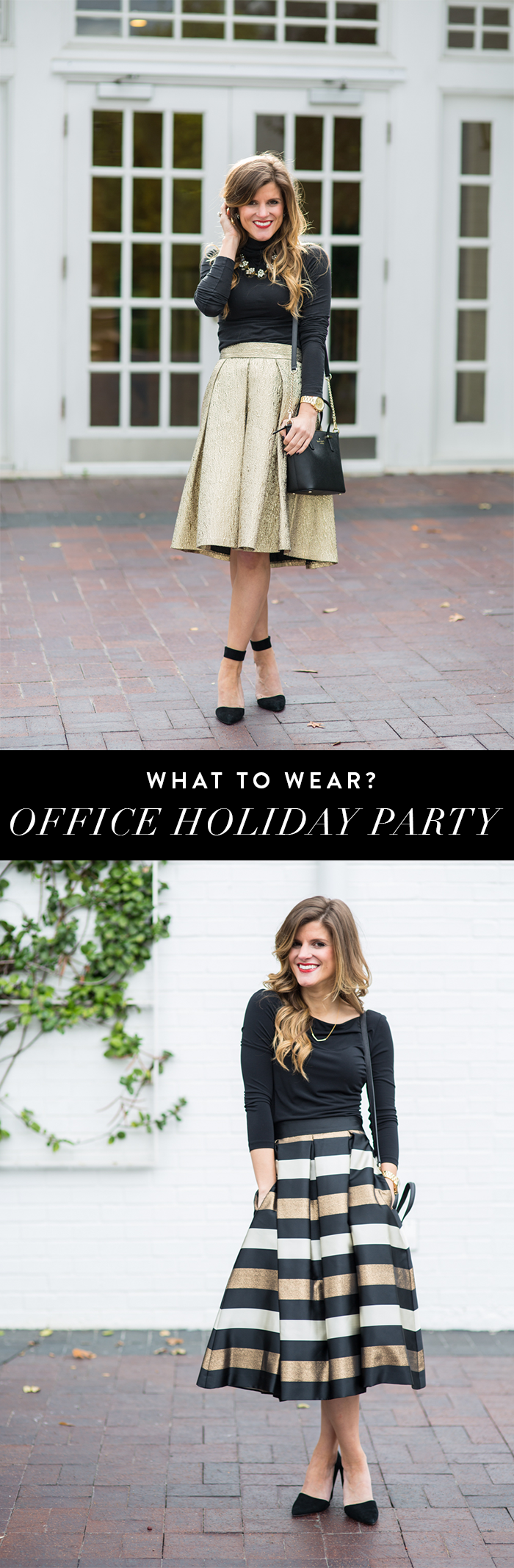 what to wear to holiday office party, holiday office party outfit idea, what to wear to company christmas party, midi skirt outfit, eliza j midi skirt with black turtleneck, kate spade bag, statement necklace