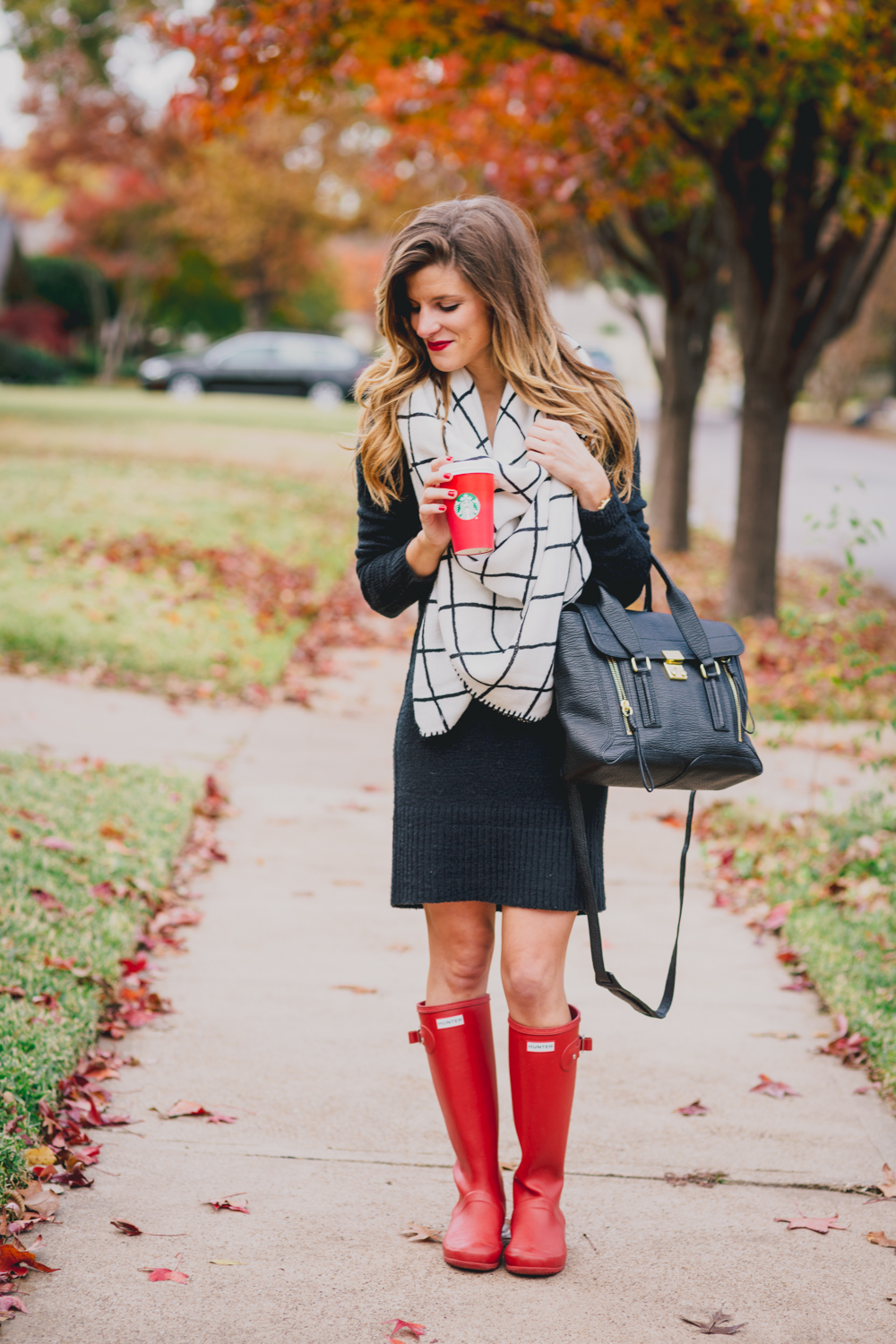 Black Sweater Dress + Check Blanket Scarf + Red Hunter Boots Fall Outfit 13