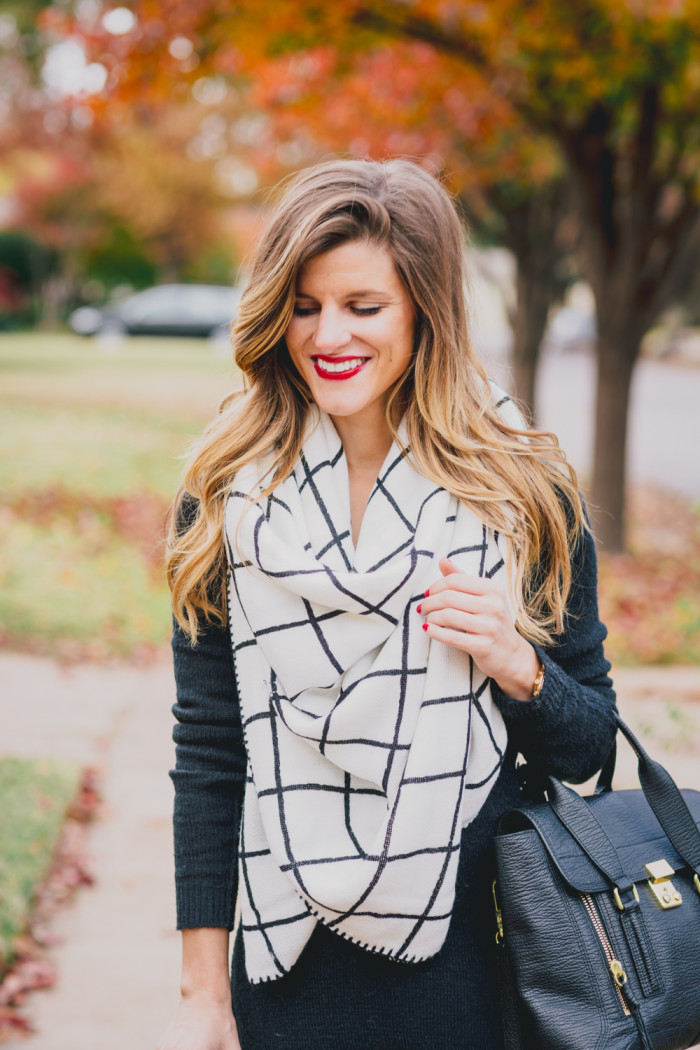 Black Sweater Dress + Check Blanket Scarf + Red Hunter Boots Fall Outfit 23