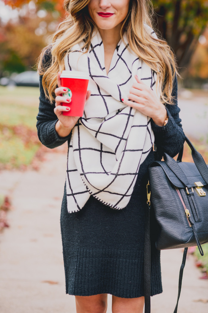 Black Sweater Dress + Check Blanket Scarf + Red Hunter Boots Fall Outfit 25