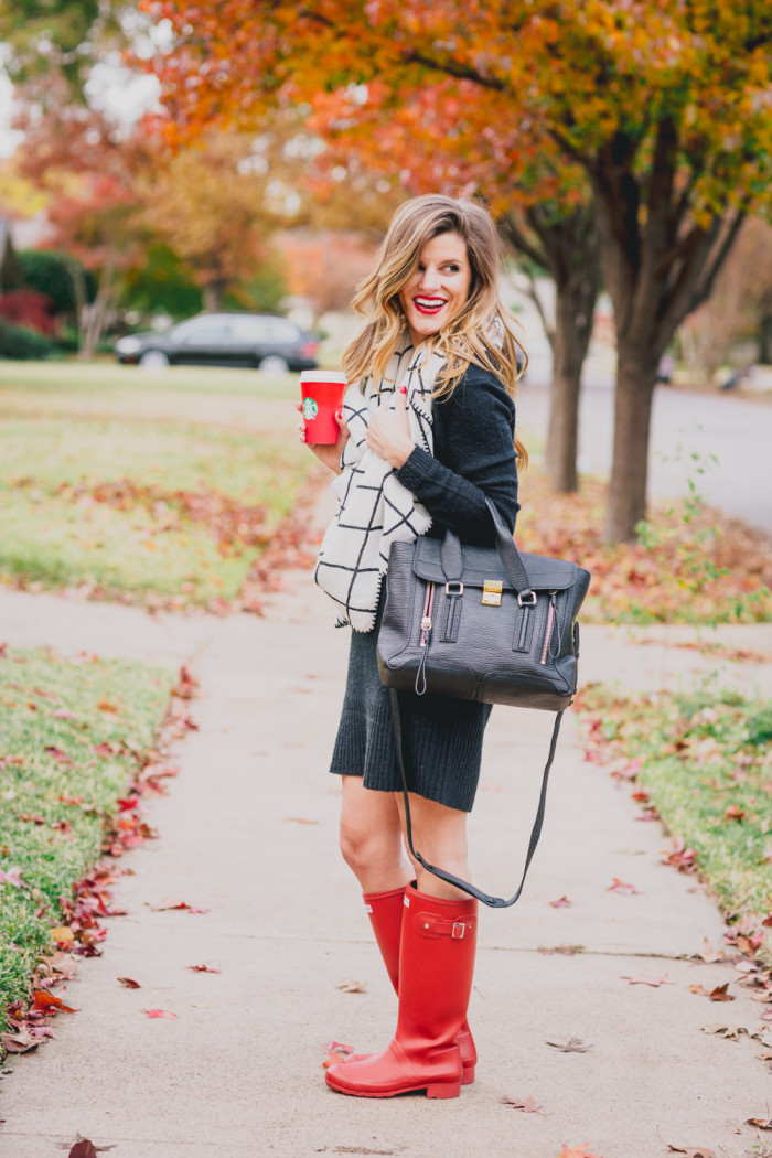 Black Sweater Dress + Check Blanket Scarf + Red Hunter Boots + Pashli bag Fall Outfit