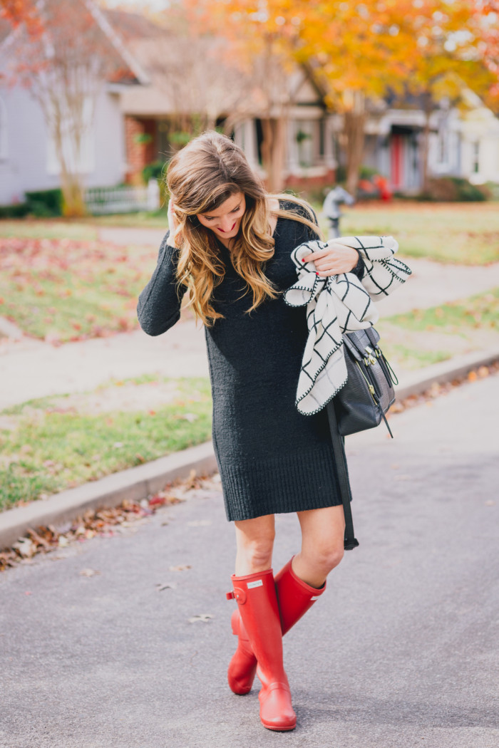 Sweater Dress and Blanket Scarf and Hunter Boots
