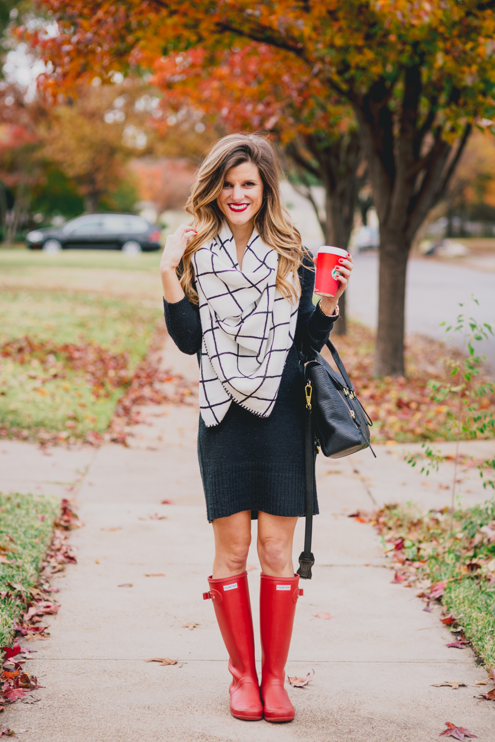 Black Sweater Dress + Check Blanket Scarf + Red Hunter Boots Fall Outfit 5