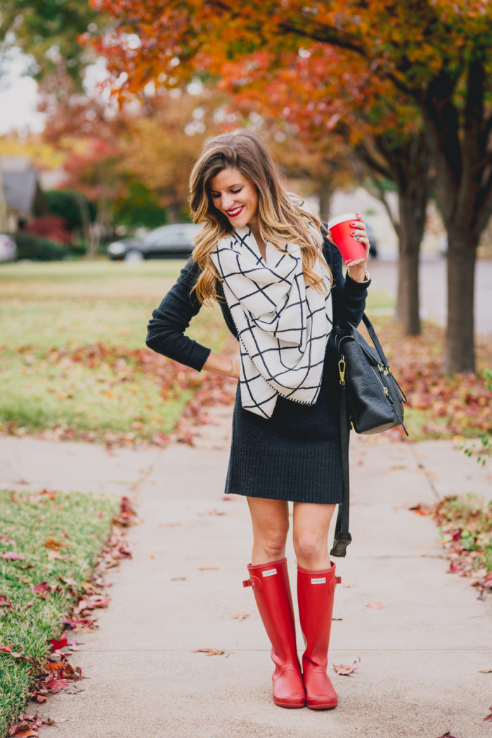 Black Sweater Dress + Check Blanket Scarf + Red Hunter Boots Fall Outfit