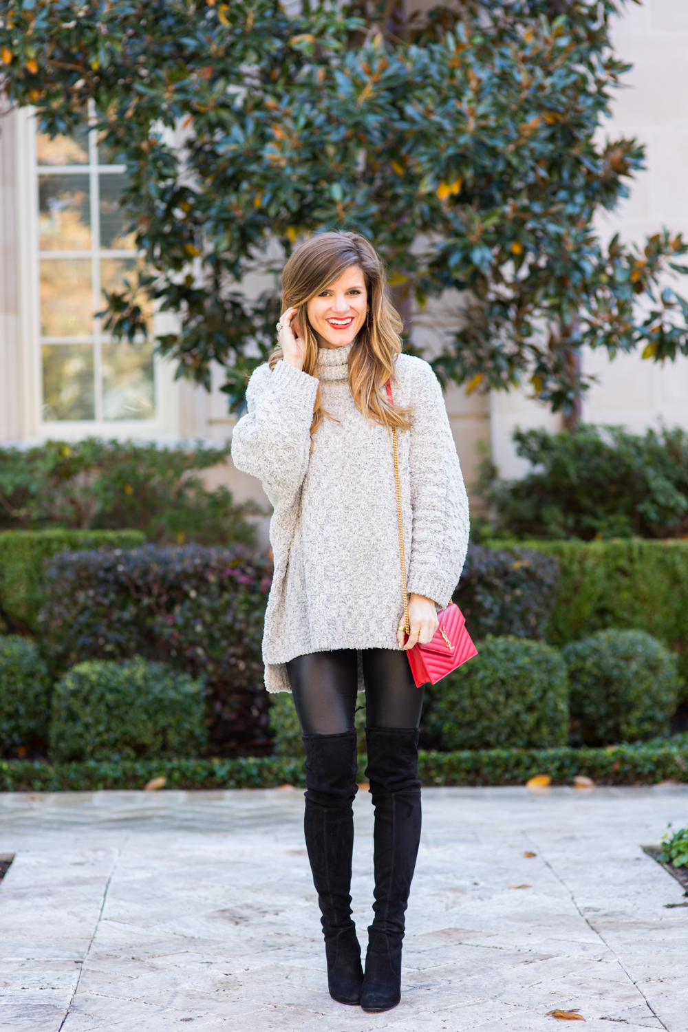 leggings boots and long sweater