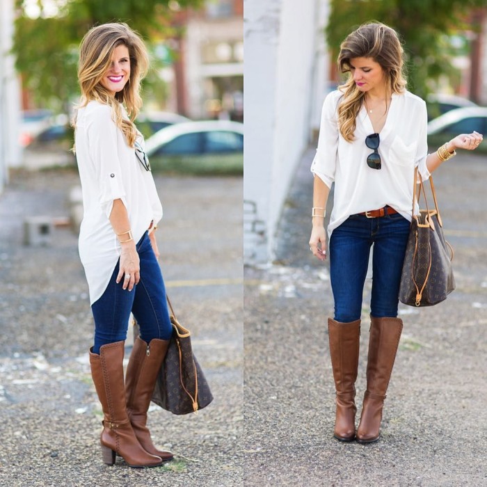 casual outfit with brown boots, hi-low white blouse and jeans