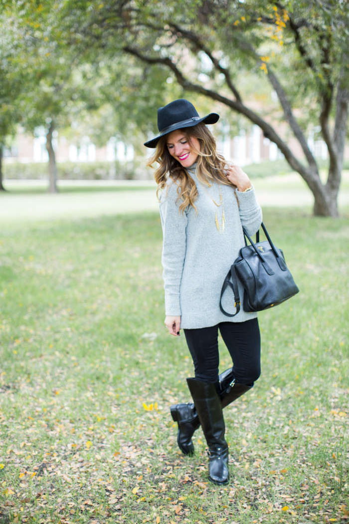 Grey Mock Neck Turtleneck Black Jeans and Black Tory Burch Riding Boots Fall Outfit-11