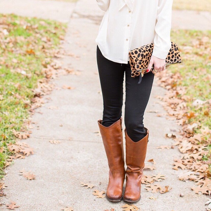 frye boots, cream blouse, and leopard clutch
