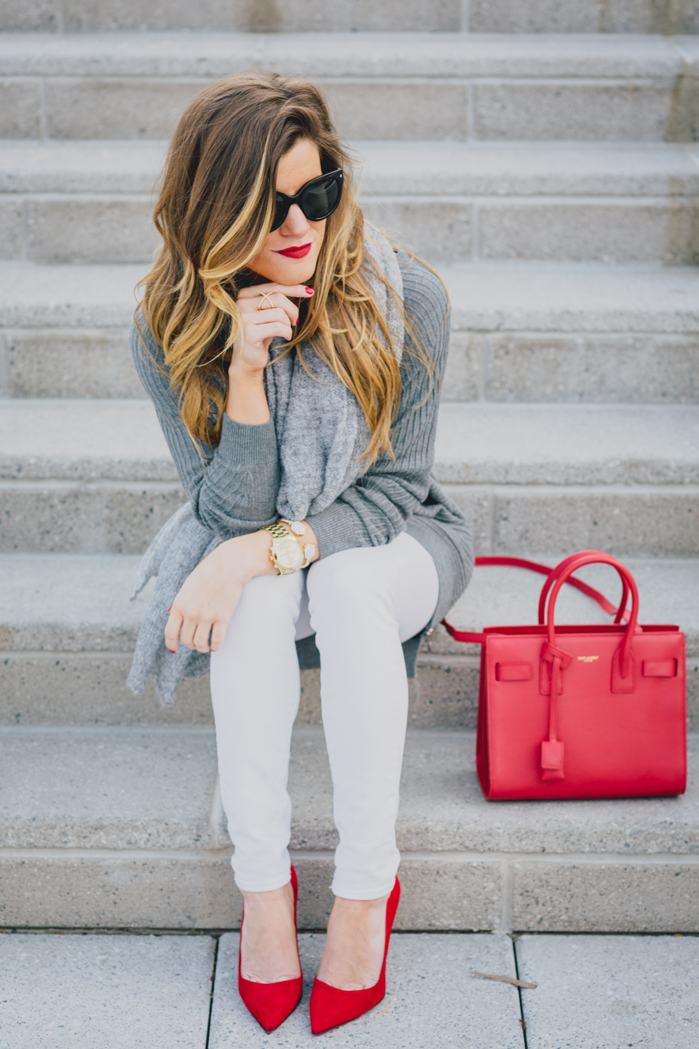 Oversized Grey Sweater + Grey Scarf + White Jeans + Red Pumps + red YSL Sac du Jour