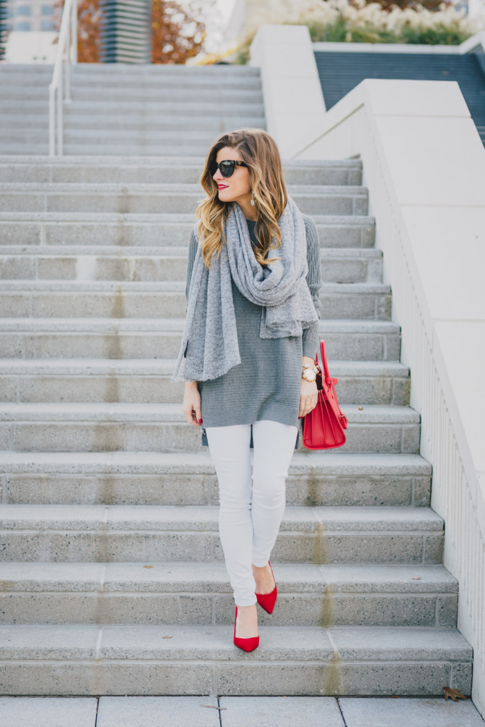 winter white jeans and oversized grey sweater