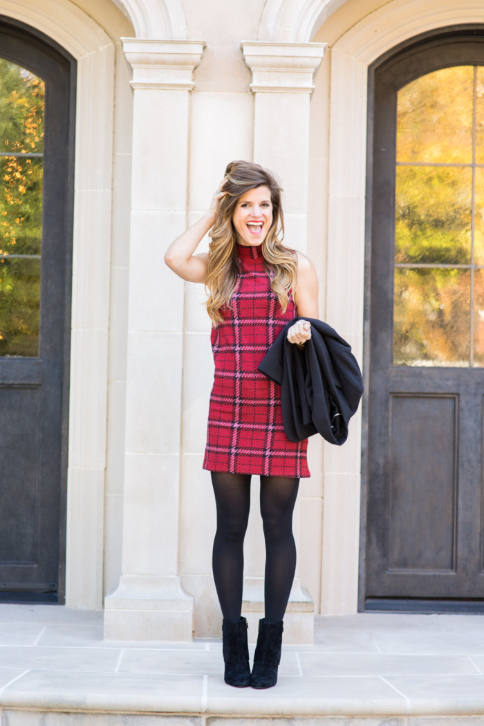 Red and Black Plaid Dress with Tights-45