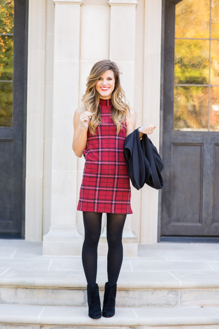 Red and Black Plaid Dress with Tights-49