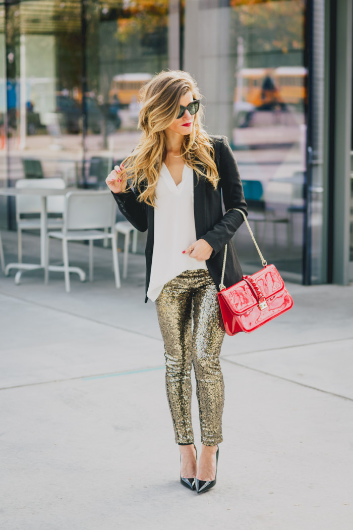 Sequin Pants with white shirt black blazer so kate heels holiday outfit