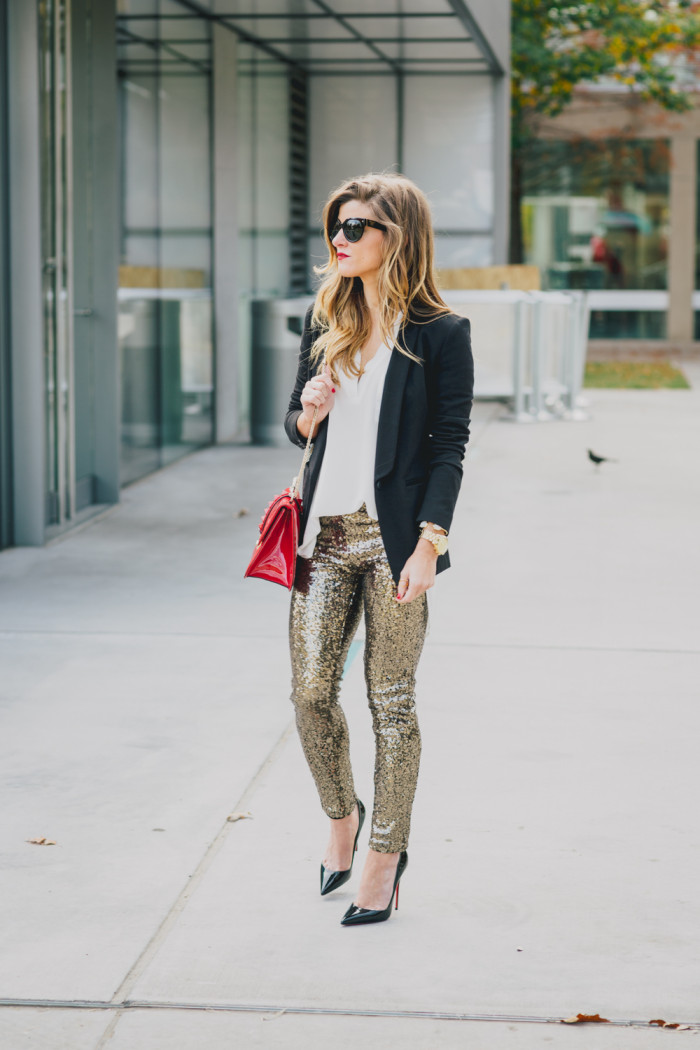NYE outfit: Sequin pants with white shirt black blazer so kate heels holiday look