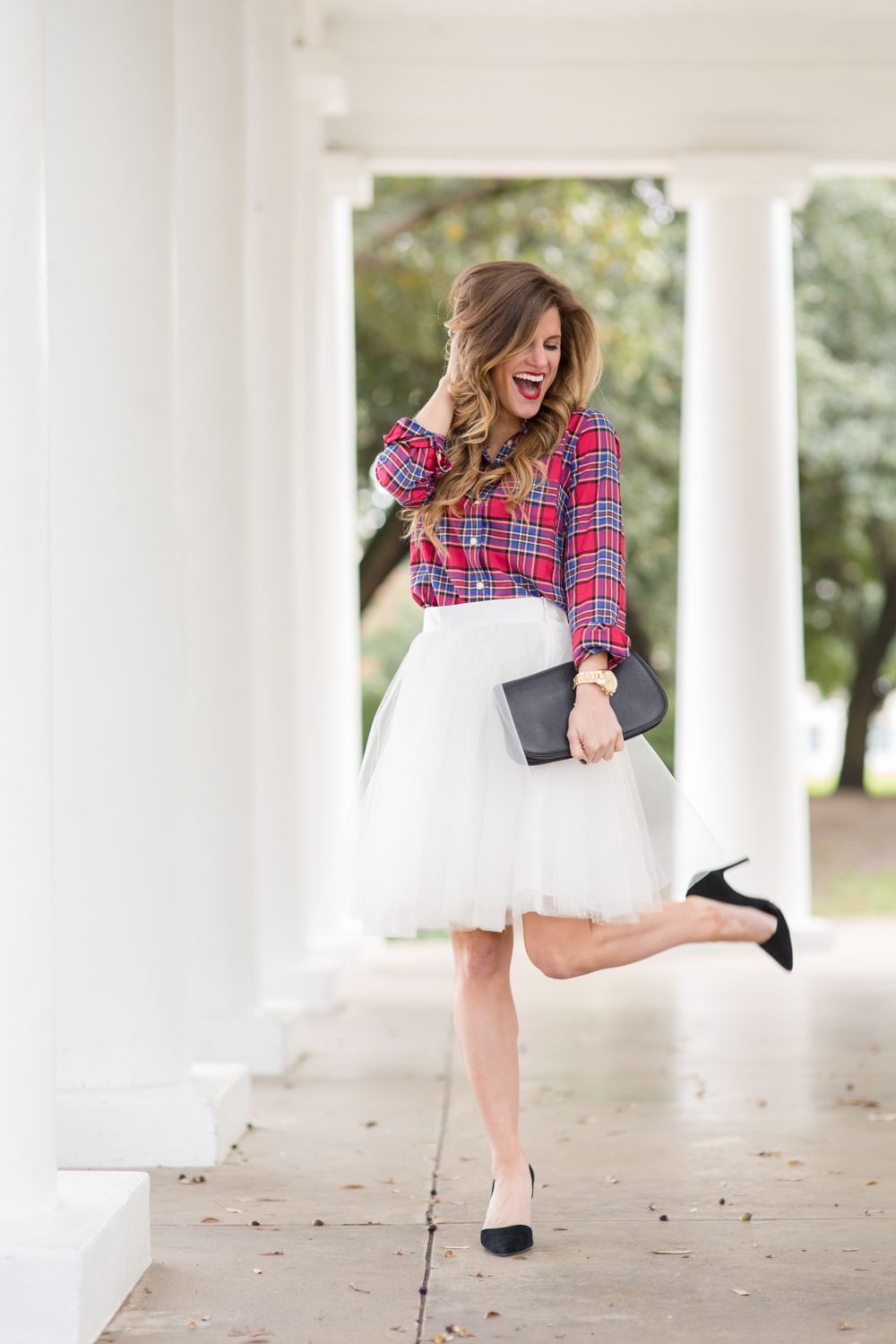 White Tull Skirt and Red Plaid Blouse festive Holiday party Outfit