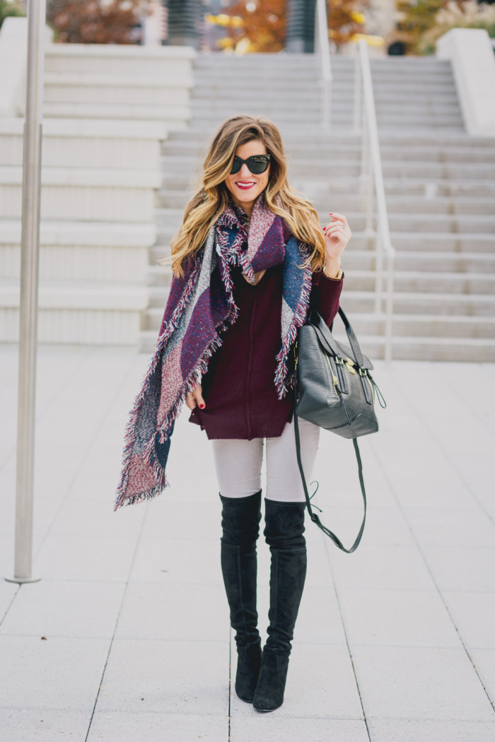 black suede over the knee boots grey pant and burgundy sweater winter outfit 1